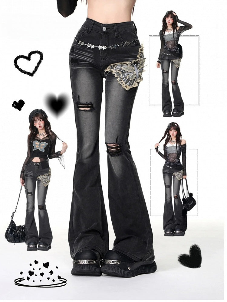Black Butterfly Applique Fishtail Jeans with Distressed Holes - Kelly Kitty