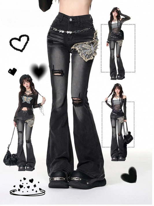 Black Butterfly Applique Fishtail Jeans with Distressed Holes - Kelly Kitty