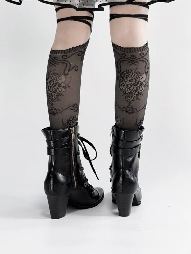 Fastening Black Boots Toe Zip in Lace Steampunk with Hybrid Mid-heel Pointed Design PU