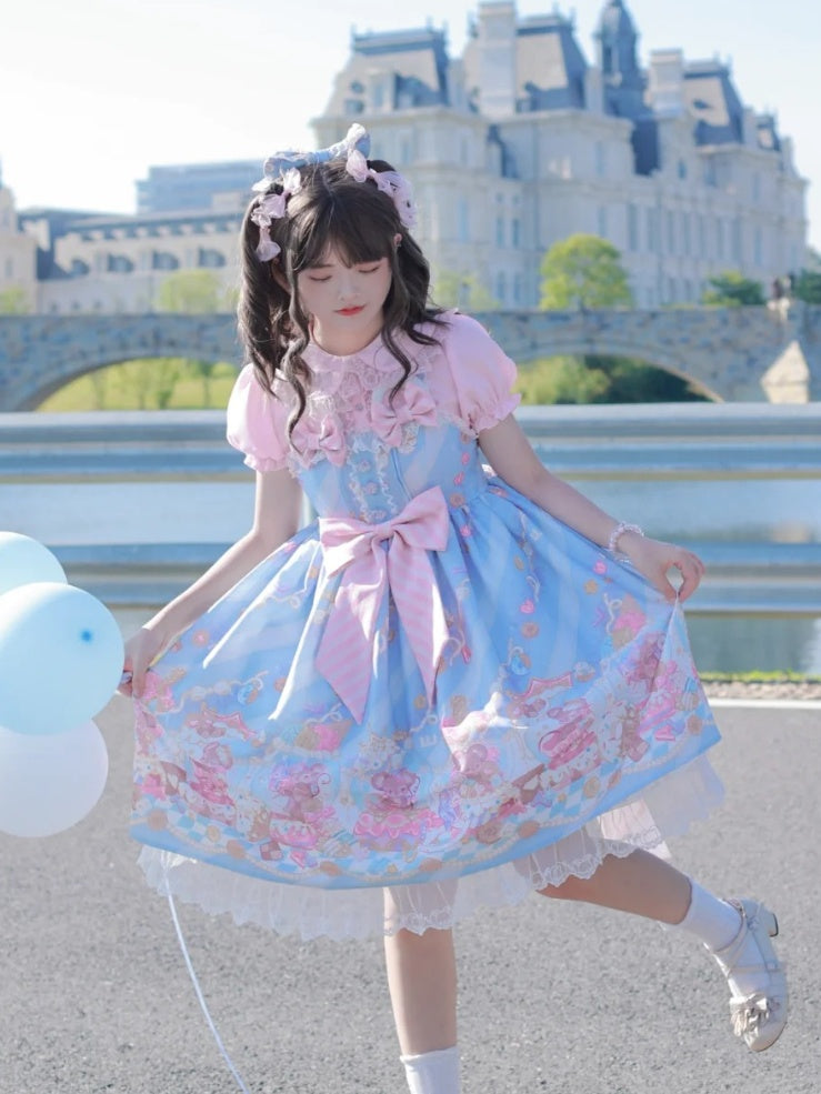 Neckline Design Bow Blue Ears Sweet Lolita Dress JSK Adorable Mouse Print Mouse Big