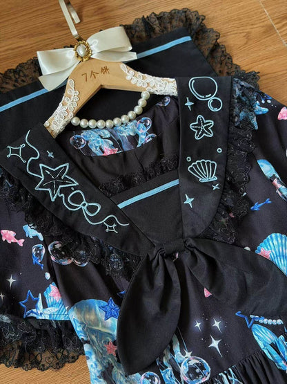 Black & Blue Jellyfish and Shell Print Sailor Lolita Dress with Lace Details - Good Night Meow