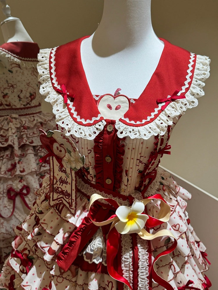 Cottagecore Red Apple Sleeveless Top Ruffle Bow Skirt Belt Set - A small milk candy
