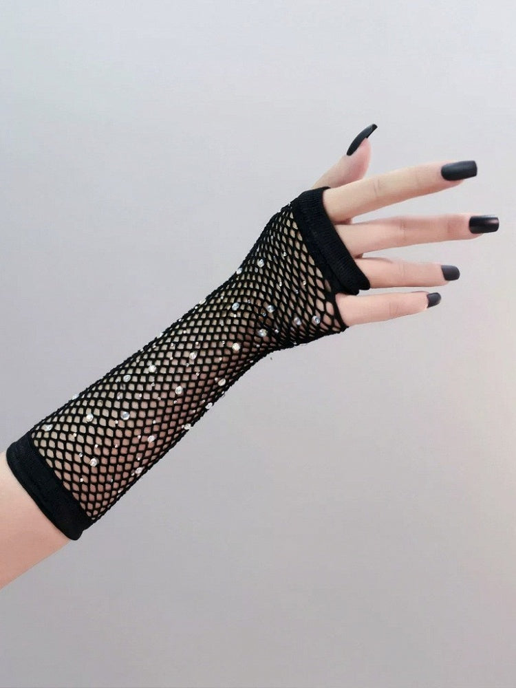 Punk Black Fishnet Gloves with Rhinestone Accents - Mr. Cat