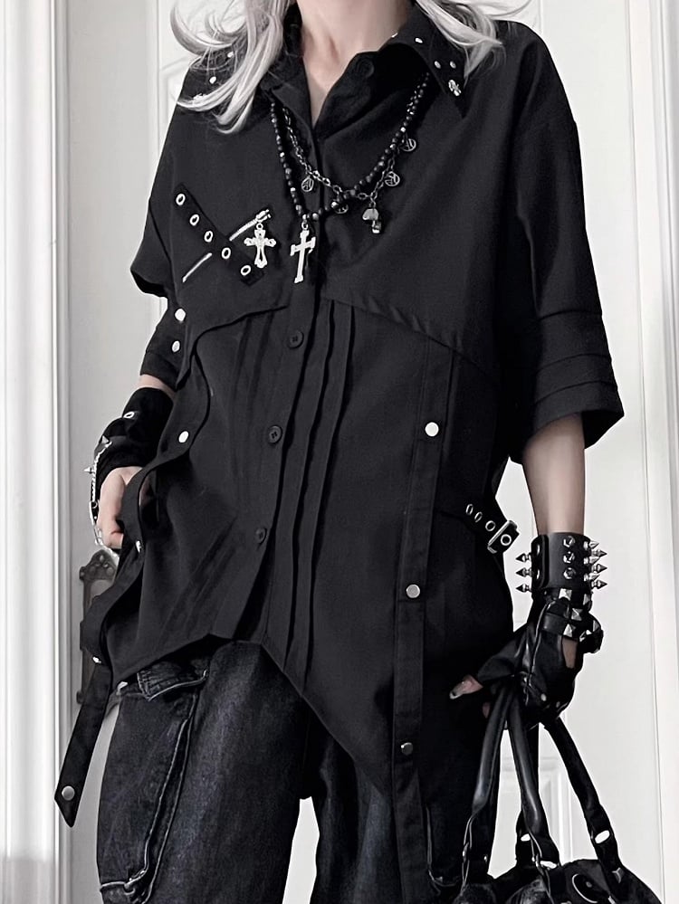 Back Cross Short-Sleeve Print Punk Hem Shirt Asymmetrical Black with