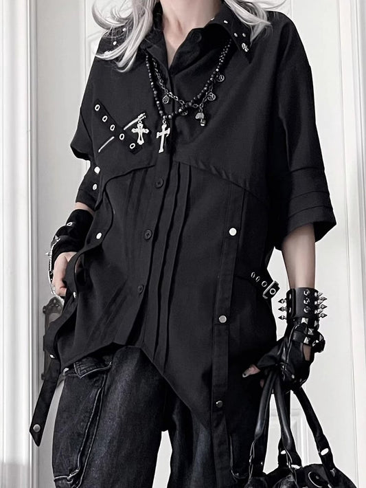 Back Cross Short-Sleeve Print Punk Hem Shirt Asymmetrical Black with