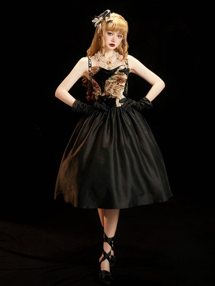 Strapsand Shoulder Rhinestone Embellished Cowl Elegant Classic Dresswith Neckline Lolita Black Bows