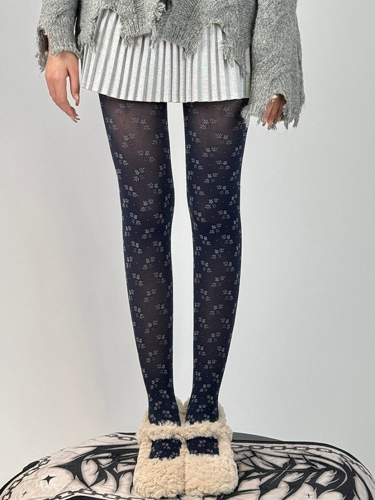 Dark Floral Blue Tights