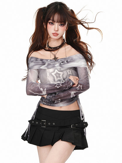 Lila/graues, schulterfreies, halbtransparentes Crop-Top mit Kordelzug in der Taille