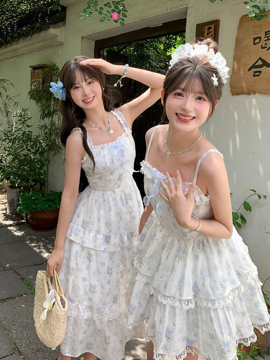 スカート ショート 花柄 バックキャミワンピース レースアップバージョン ライトブルー レーストリム ティアード