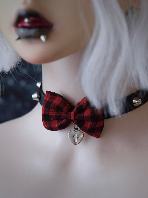 With Red Plaid Black And Pattern Pendant Heart Bowknot Choker