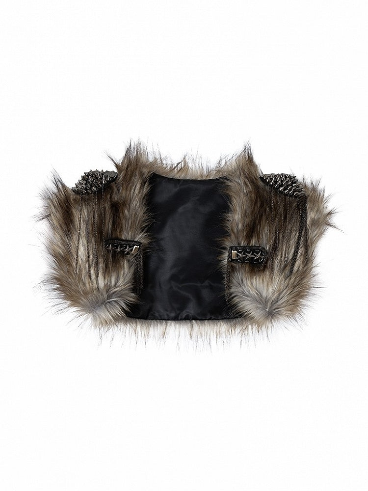 Chain with Brown Accents Vintage Faux Details Studded Vest Fur Punk