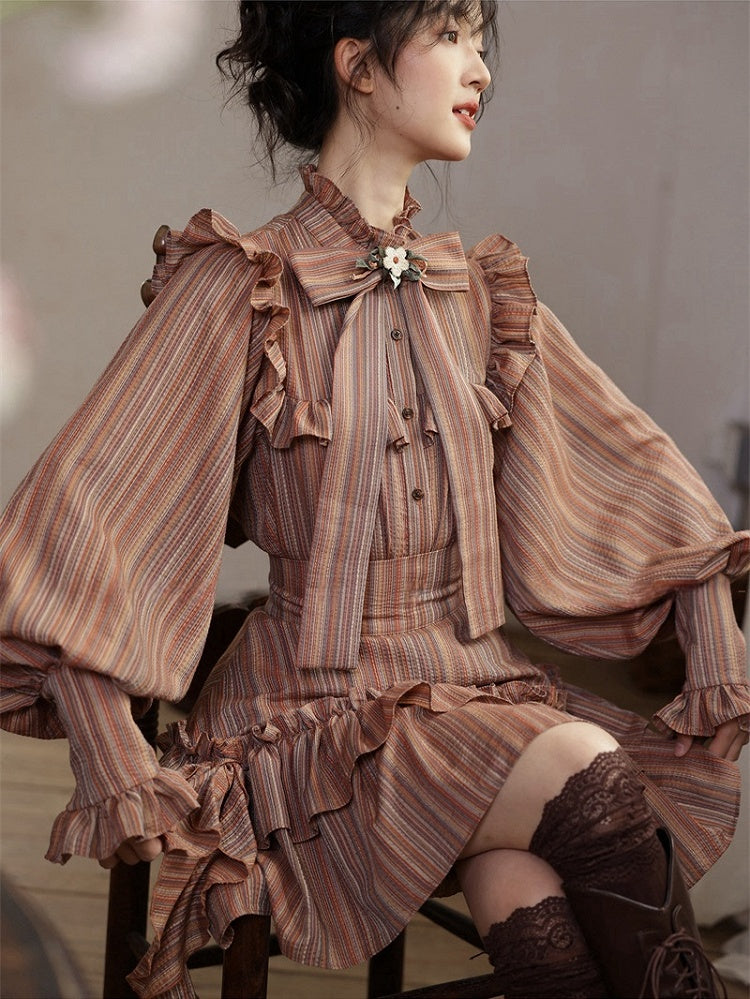 Reddish Brown Striped Pattern Vintage  Bishop Sleeves Ruffle Trim Blouse