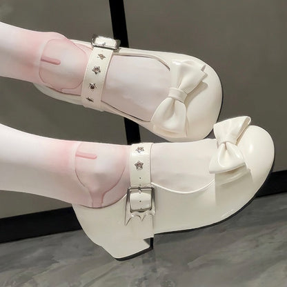 Bow Accents Sweet Low Creamy in Detail White PU Elegant Round Front Star Toe Heels Lolita