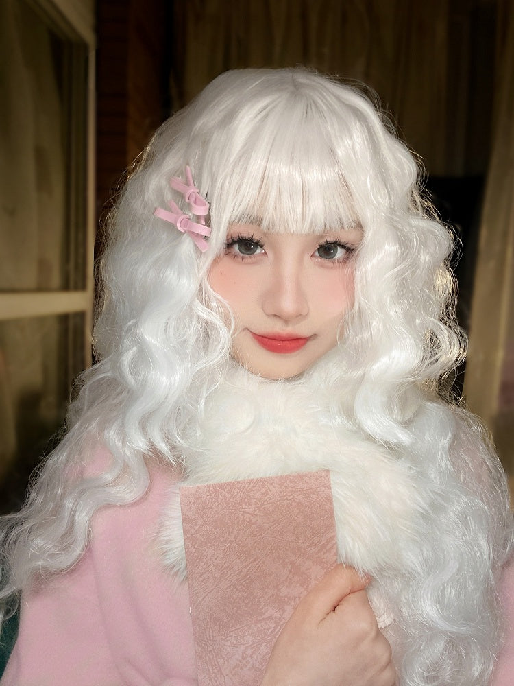 ウェーブロングホワイトフルウィッグ（前髪70cm）