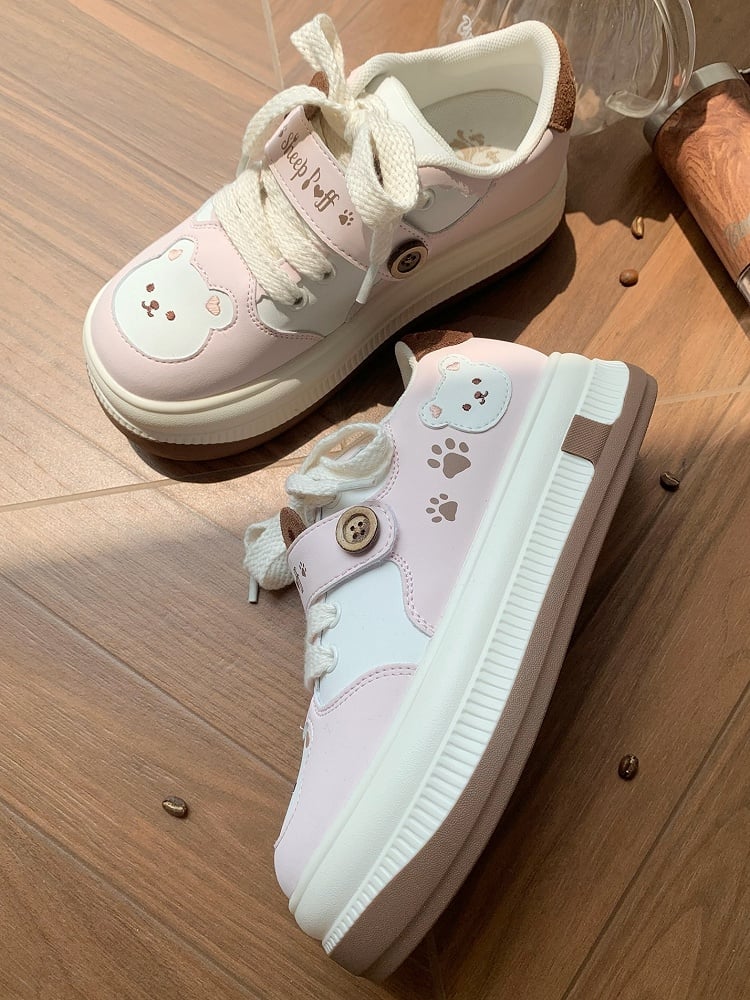 Lace-up Lolita Design with in Print Pink Paw Closure Platform Velcro Sweet Removable Sneakers