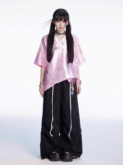 V-Ausschnitt Blau/Rosa Blokette T-Shirt Anime Girl Print Core Loose