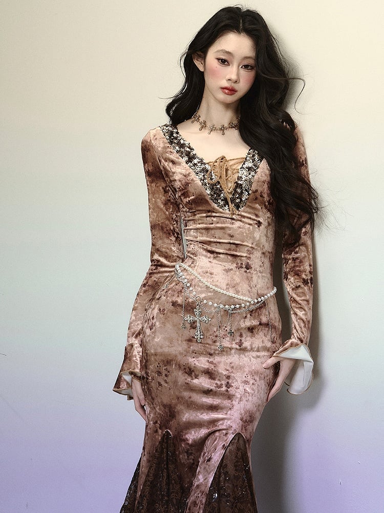 Kaffee Pailletten V-Ausschnitt Hohe Taille Spitze Patchwork Volant Meerjungfrau Rock Samtkleid Abendkleid