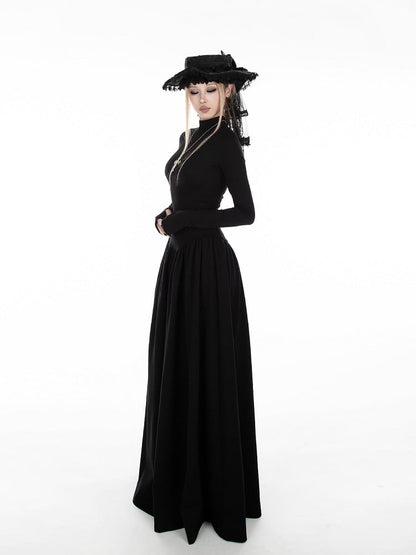Black A-Line High-Neck Dress with Gothic Thumbhole Cuffs