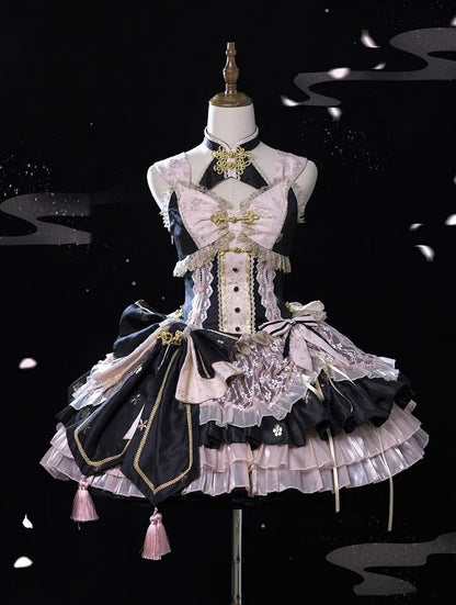 Black and Pink Corset Waist Qi Lolita Dress with Big Bow