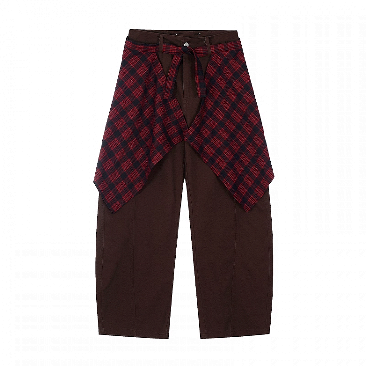 ヴィンテージグレー/ブラウンダーク、チェック柄ウエストアクセサリー付きワイドレッグパンツ ローライズ