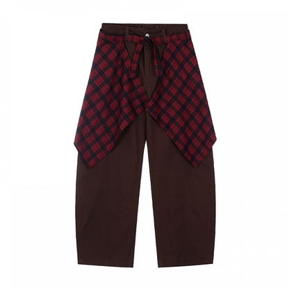 ヴィンテージグレー/ブラウンダーク、チェック柄ウエストアクセサリー付きワイドレッグパンツ ローライズ