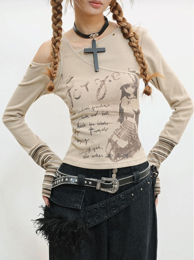 Camel Cuffs Striped Asymmetrical Girl Top Long Print - Sleeve Letter Neckline Cartoon with