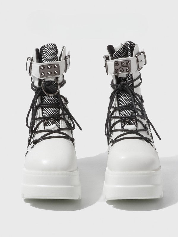 Gothic Studded - Platform Harness Ankle Boots White