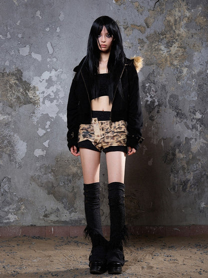 Knit Trim Warmers Fur Black Leg with Brown Punk Buttons Faux