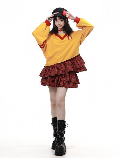 Red Plaid Skirt with Buttoned Strap Accents - PINK SAVIOR