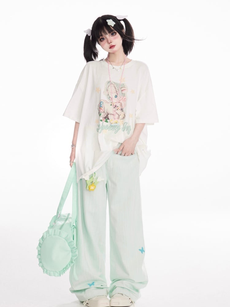 T-Shirt Loose White Round Neck Cute Deer Print