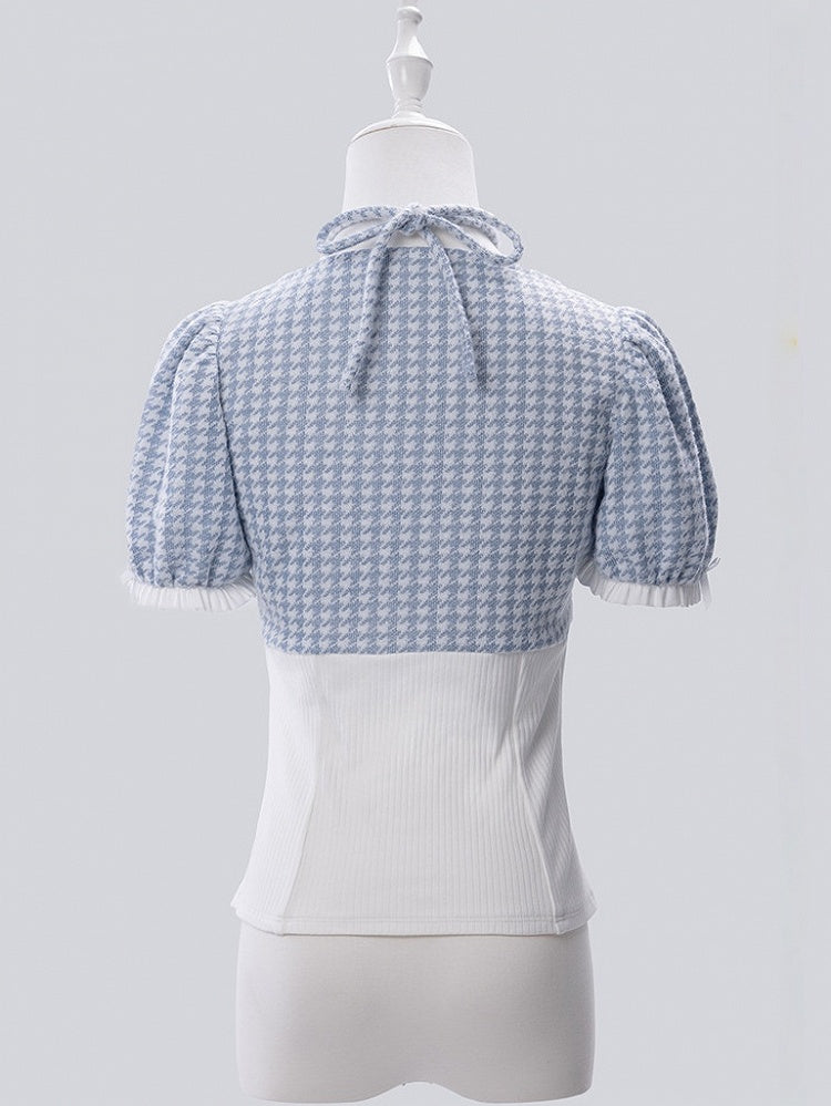 Blue Faux Two-Piece Houndstooth Halter Knit Top with Arm Warmers - Fluffy Heart