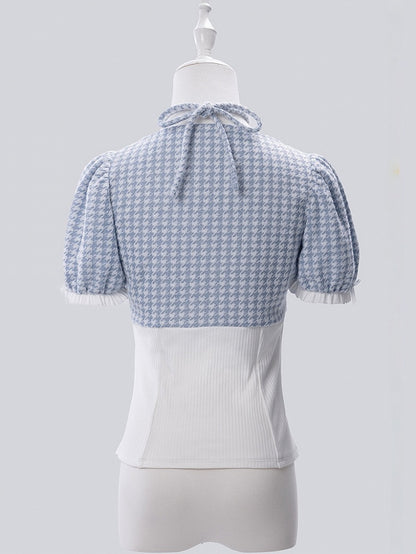 Blue Faux Two-Piece Houndstooth Halter Knit Top with Arm Warmers - Fluffy Heart
