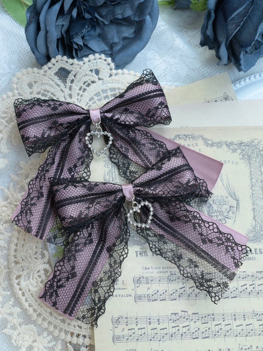 Kei Heart with Jirai Pink/Black Clip Hair Bow Black Charm Lace