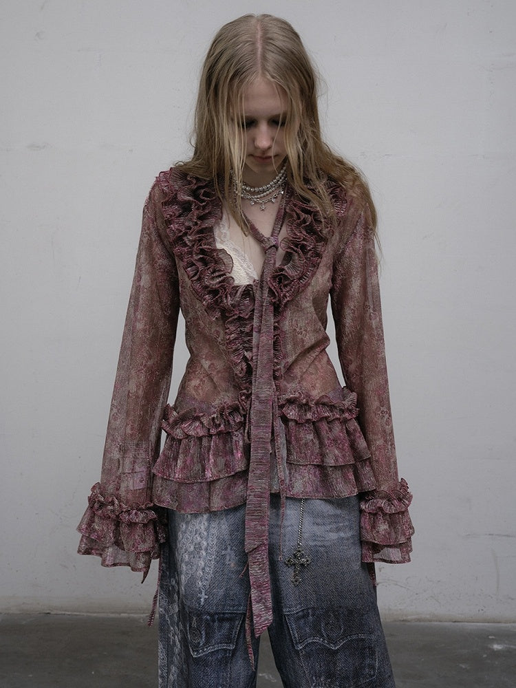 Pattern Ruffles Leopard Trim Sleeves Bell Shirt Purple