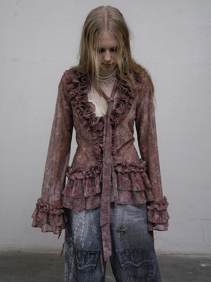 Pattern Ruffles Leopard Trim Sleeves Bell Shirt Purple