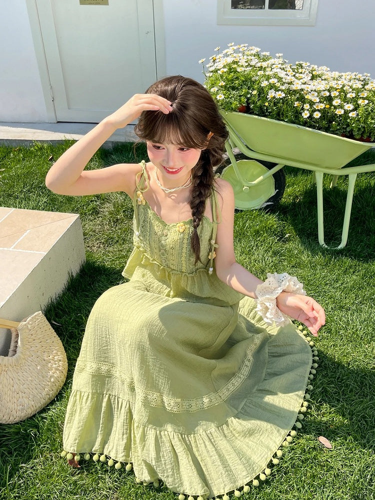 キャミトップ モリケイ グリーン ニット フローラルアクセント