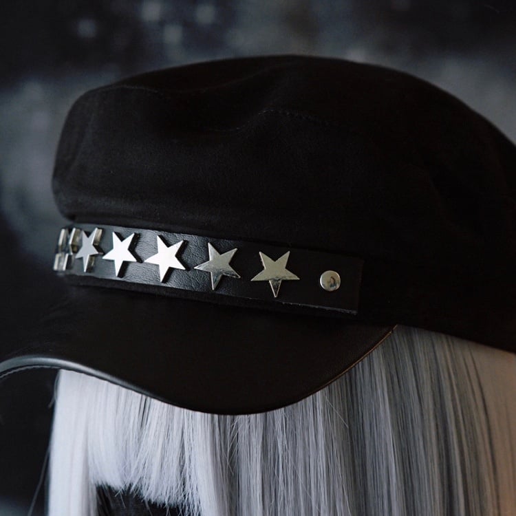 Studs Black Details Gothic Star-shaped Hat Beret