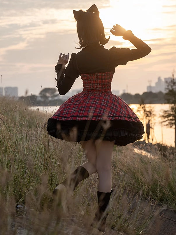 Weihnachten Rote Katzenohren Plüsch Saum Plaid Kleid Lolita Pullover Rock