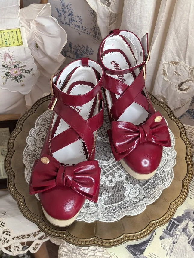 Grain PU Wood Mary at - Red with Janes Top Sole Bow Crisscross Sweet Straps Platform Lolita