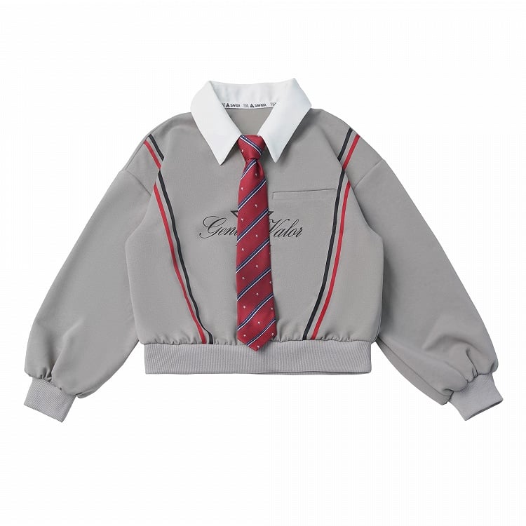 Preppy Gray Star & Letter Print Collared Sweatshirt with Matching Tie - PINK SAVIOR
