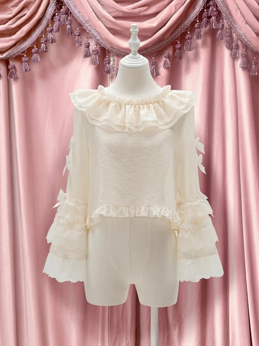 Sleeves Lolita Lace Blouse Accents Bow Beige with Bell