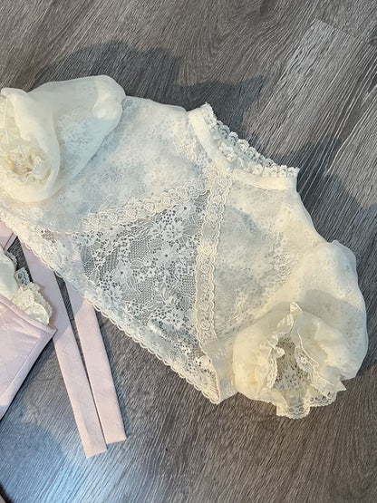 Ärmel Cami Cropped Puff Top + Set Lolita Pink und süßer blauer Rock - Full Accents Bow