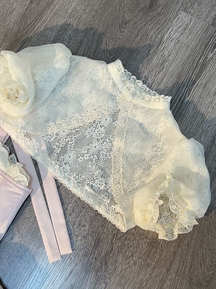 Rock Lolita + Akzente Puff Pink Volle Ärmel und Set Cami Sweet - Top Cropped Bow Blue