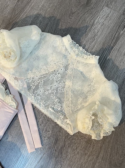 Rock Lolita + Akzente Puff Pink Volle Ärmel und Set Cami Sweet - Top Cropped Bow Blue