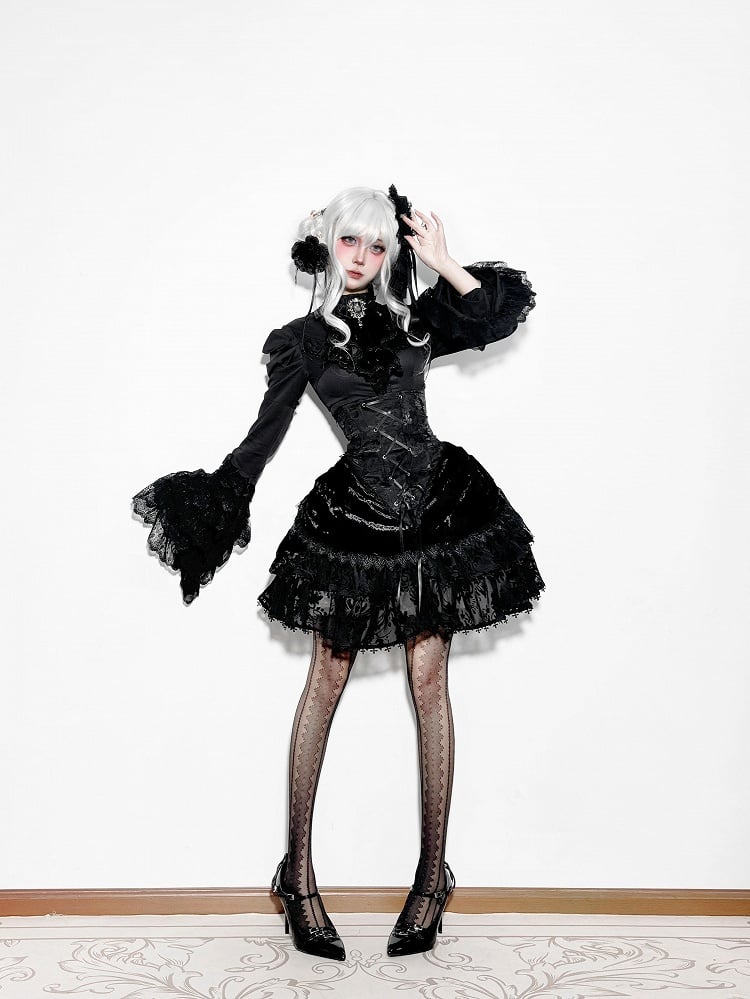 Long Sleeves Shirt Gothic High Boned Black Set All Lolita - Bell + Full Tie Mini Hat Jabot Skirt Waist