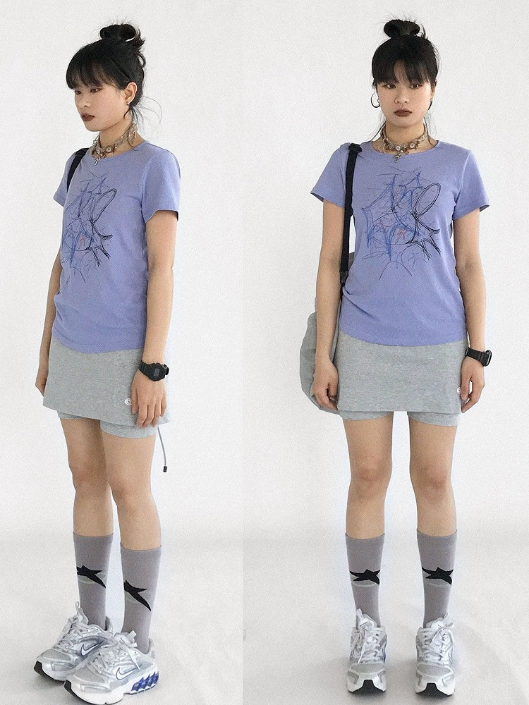 T-Shirt Short Y2K Print Round Version Sleeve Purple with - Graffiti Neck