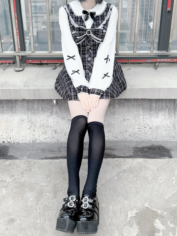 ミニドレス、ショートパンツ付き、リボンセット、取り外し可能なビッグジライケイ、ブラック、ホワイト、ツイード、ピーターパンカラー