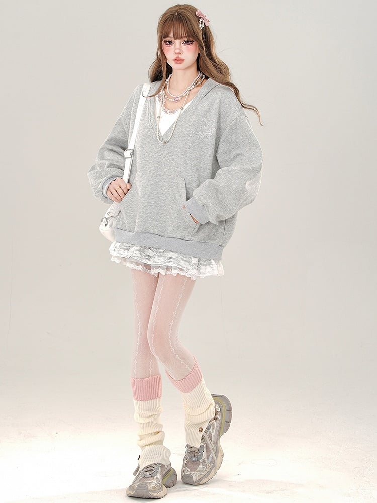 Grey/White Lace Trim V-neck Loose Hoodie Fake Two-piece