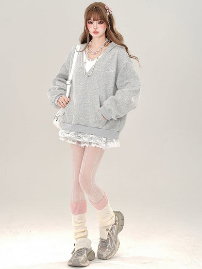 Grey/White Lace Trim V-neck Loose Hoodie Fake Two-piece