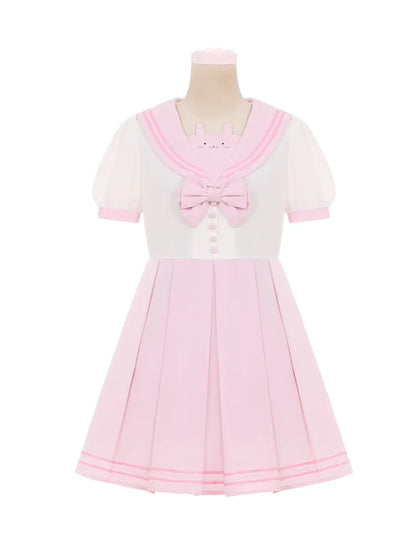 Pleat Bowknot Ears Bunny Collar Sailor Dress Pink Cute and White Box Skirt